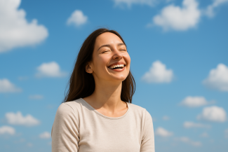 lachende Frau vor Himmel
