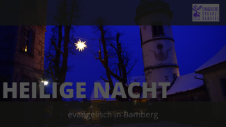 Ein Kirchturm bei Nacht, dazu die Worte "Heilige Nacht"